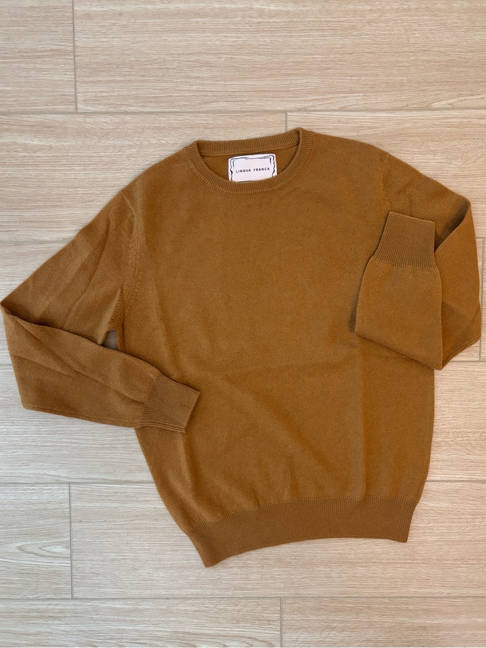 Lingua Franca Women's Crewneck Sweater in Camel Brown 100% cashmere